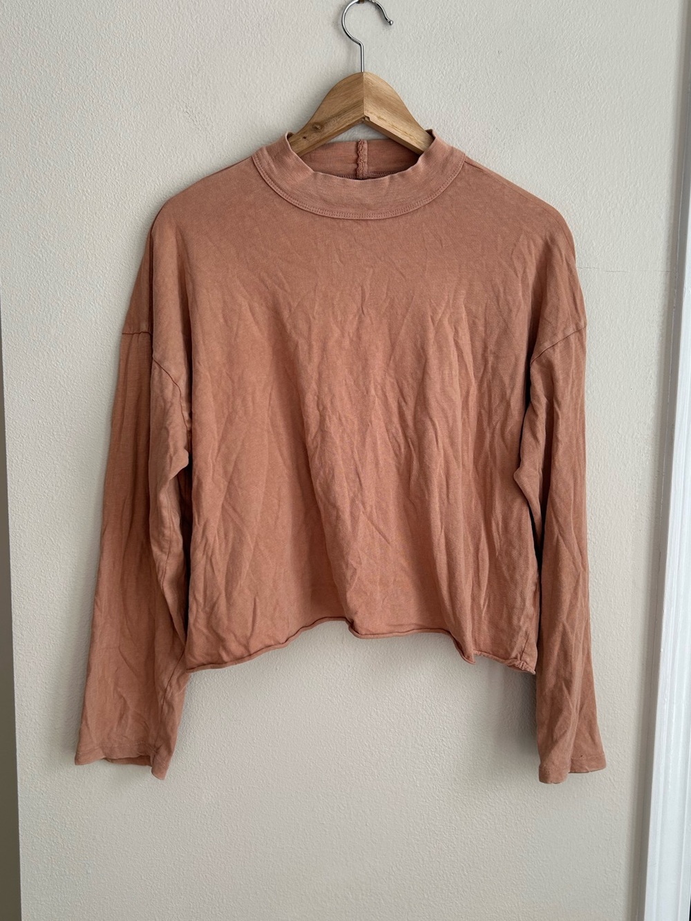 Aerie Clay Orange Brown Long Sleeve Raw Hem Mock Neck Cotton Crop Top Size M